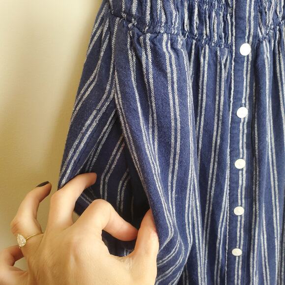 Universal Thread Navy White Striped Smocked Linen Blend Midi Dress W's Large - Picture 9 of 11